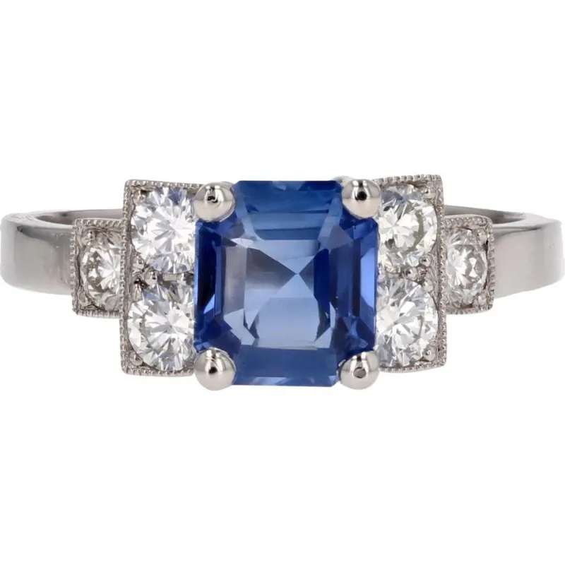 Pamono Art Deco Blue Sapphire, Diamond & Platinum Ring> Rings