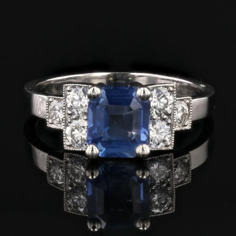 Pamono Art Deco Blue Sapphire, Diamond & Platinum Ring> Rings