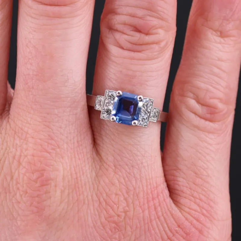 Pamono Art Deco Blue Sapphire, Diamond & Platinum Ring> Rings