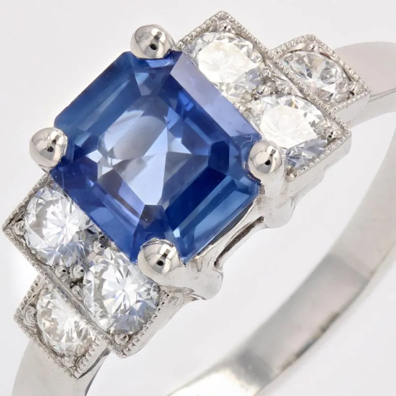 Pamono Art Deco Blue Sapphire, Diamond & Platinum Ring> Rings