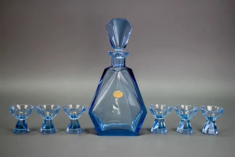 Outlet Pamono Art Deco Bohemian Blue Color Glass Decanter and Glasses, 1930s, Set of 7