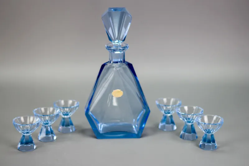 Outlet Pamono Art Deco Bohemian Blue Color Glass Decanter and Glasses, 1930s, Set of 7