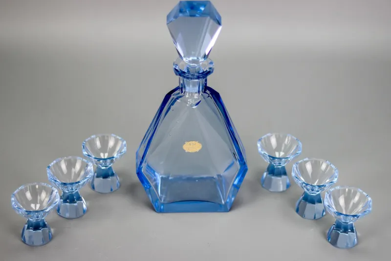 Outlet Pamono Art Deco Bohemian Blue Color Glass Decanter and Glasses, 1930s, Set of 7