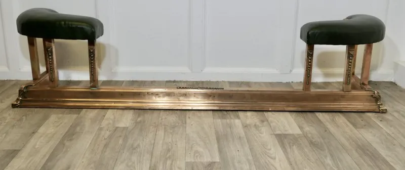 Pamono Art Deco Brass, Copper & Green Leather Club Fender> Fireplaces And Mantels