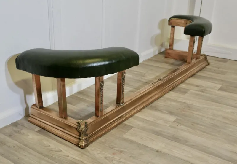 Pamono Art Deco Brass, Copper & Green Leather Club Fender> Fireplaces And Mantels