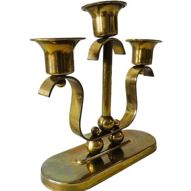 Pamono Art Deco Brass 3-Point Candlestick, 1920s> Candleholders