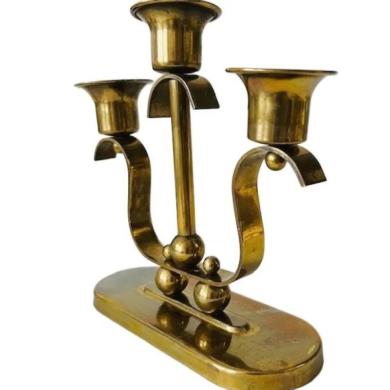 Pamono Art Deco Brass 3-Point Candlestick, 1920s> Candleholders