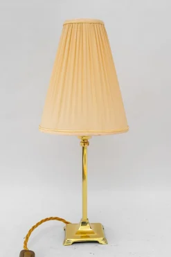 Clearance Pamono Art Deco Brass Table Lamp with Fabric Shade, Vienna, 1920s