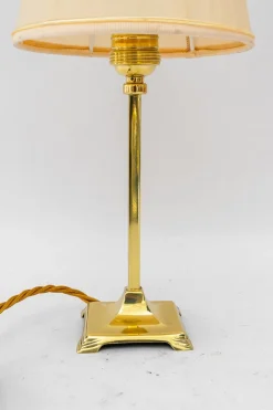 Clearance Pamono Art Deco Brass Table Lamp with Fabric Shade, Vienna, 1920s