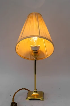 Clearance Pamono Art Deco Brass Table Lamp with Fabric Shade, Vienna, 1920s
