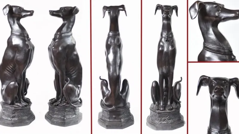Pamono Art Deco Bronze Greyhound Dogs Grey Hounds Statue, Set of 2> Art Deco
