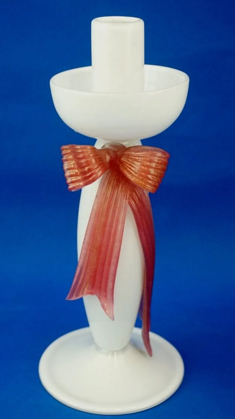 Best Pamono Art Deco Candelabra in Opaline Murano Glass with Bow by Napoleone Martinuzzi, Italy, 1930s