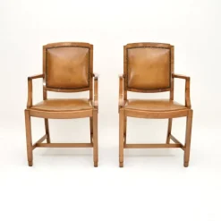 Pamono Art Deco Carver Armchairs in Walnut and Leather, 1930s, Set of 2> Lounge Chairs & Armchairs