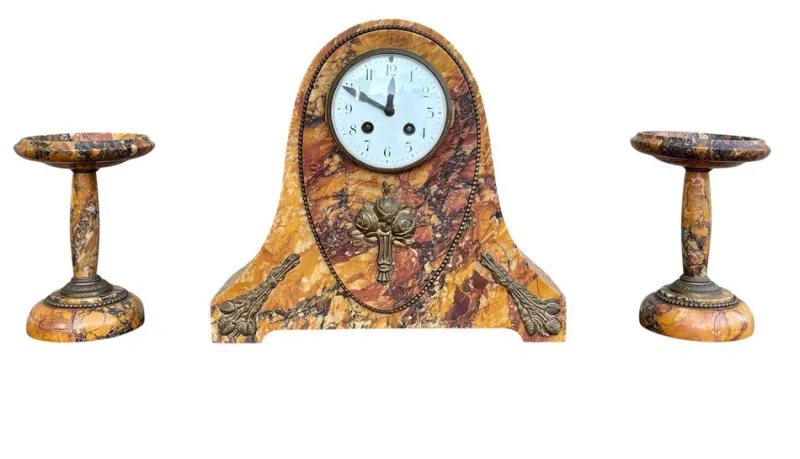Hot Pamono Art Deco Clock with Marble Trim, 1890s, Set of 3
