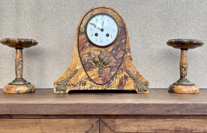 Hot Pamono Art Deco Clock with Marble Trim, 1890s, Set of 3