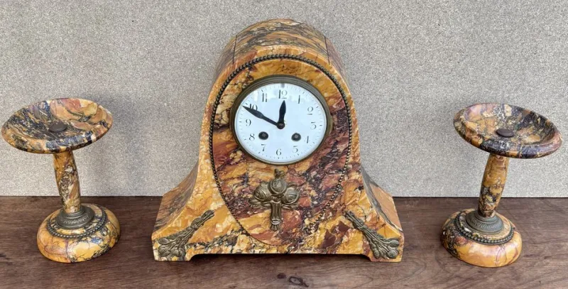 Hot Pamono Art Deco Clock with Marble Trim, 1890s, Set of 3