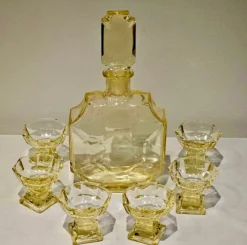 Pamono Art Deco Decanter Set in Yellow Glass by Moser/Bohemia, Czech, 1920s> Glassware