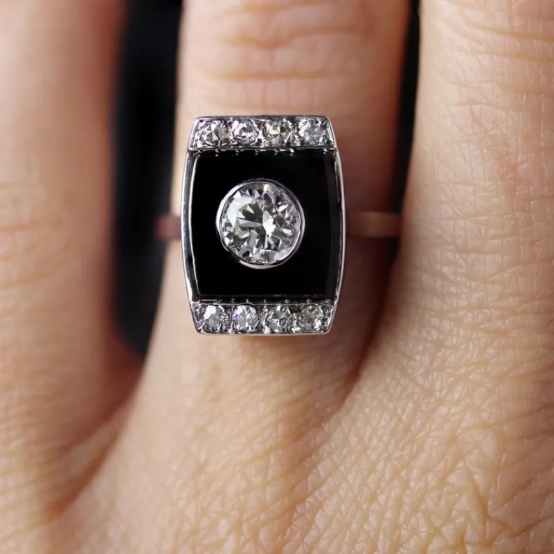 Hot Pamono Art Deco Diamond Onyx Platinum Ring, 1930s