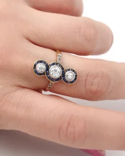 Pamono Art Deco Diamond Sapphire Long Ring><noscript><img width=