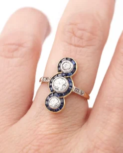 Pamono Art Deco Diamond Sapphire Long Ring><noscript><img width=