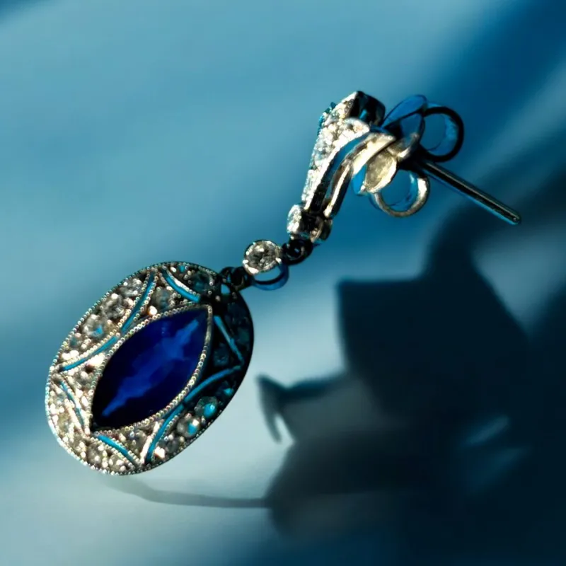 Clearance Pamono Art Deco Earrings with Blue Sapphires and Diamonds Mounted in Platinum, 1925, Set of 2