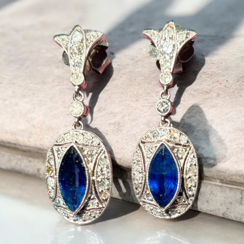 Clearance Pamono Art Deco Earrings with Blue Sapphires and Diamonds Mounted in Platinum, 1925, Set of 2