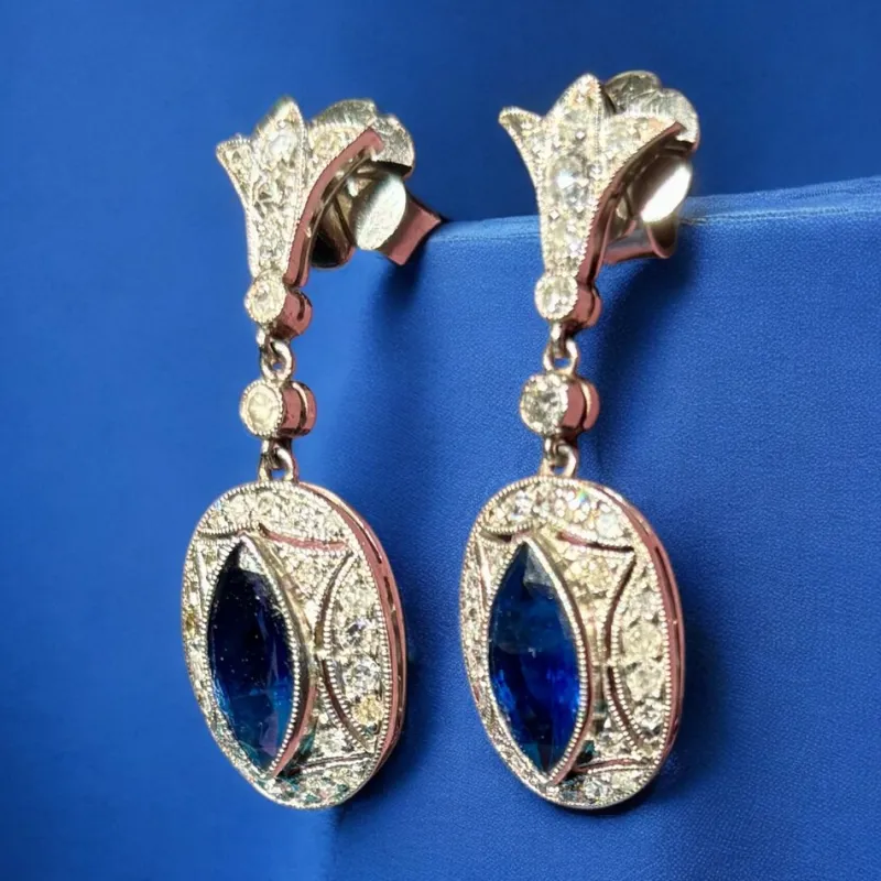 Clearance Pamono Art Deco Earrings with Blue Sapphires and Diamonds Mounted in Platinum, 1925, Set of 2