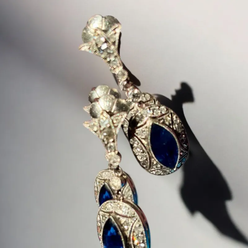 Clearance Pamono Art Deco Earrings with Blue Sapphires and Diamonds Mounted in Platinum, 1925, Set of 2
