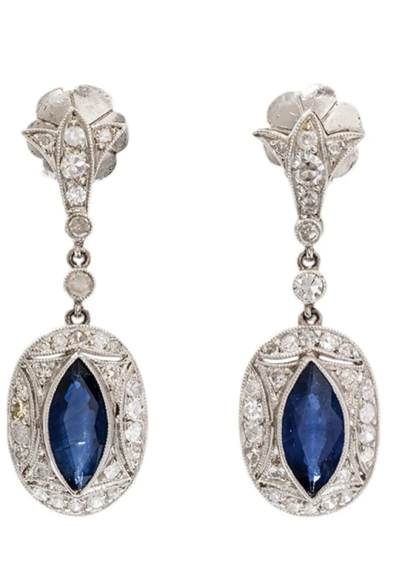 Clearance Pamono Art Deco Earrings with Blue Sapphires and Diamonds Mounted in Platinum, 1925, Set of 2
