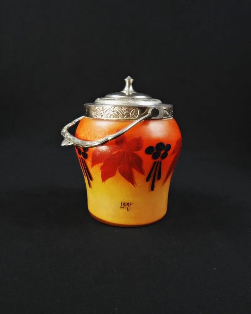 Clearance Pamono Art Deco Enameled and Painted Glass Biscuit Bucket from Legras-Montjoye, 1920