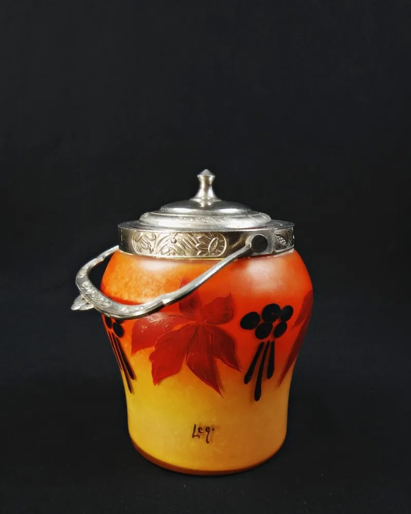 Clearance Pamono Art Deco Enameled and Painted Glass Biscuit Bucket from Legras-Montjoye, 1920