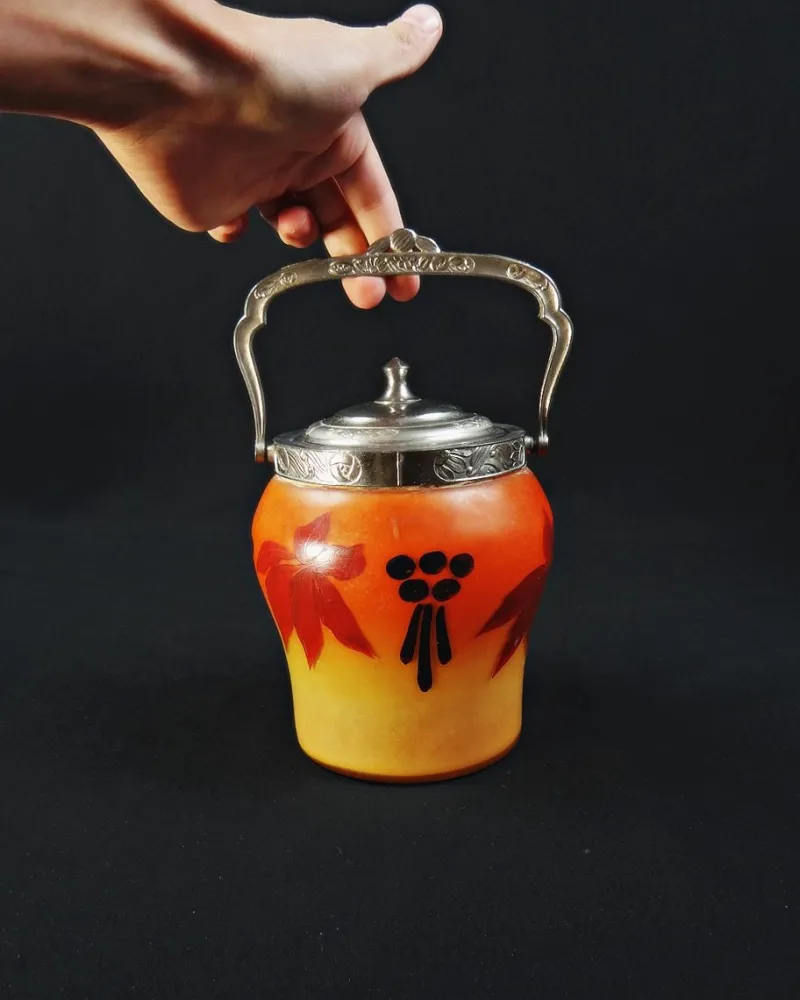 Clearance Pamono Art Deco Enameled and Painted Glass Biscuit Bucket from Legras-Montjoye, 1920