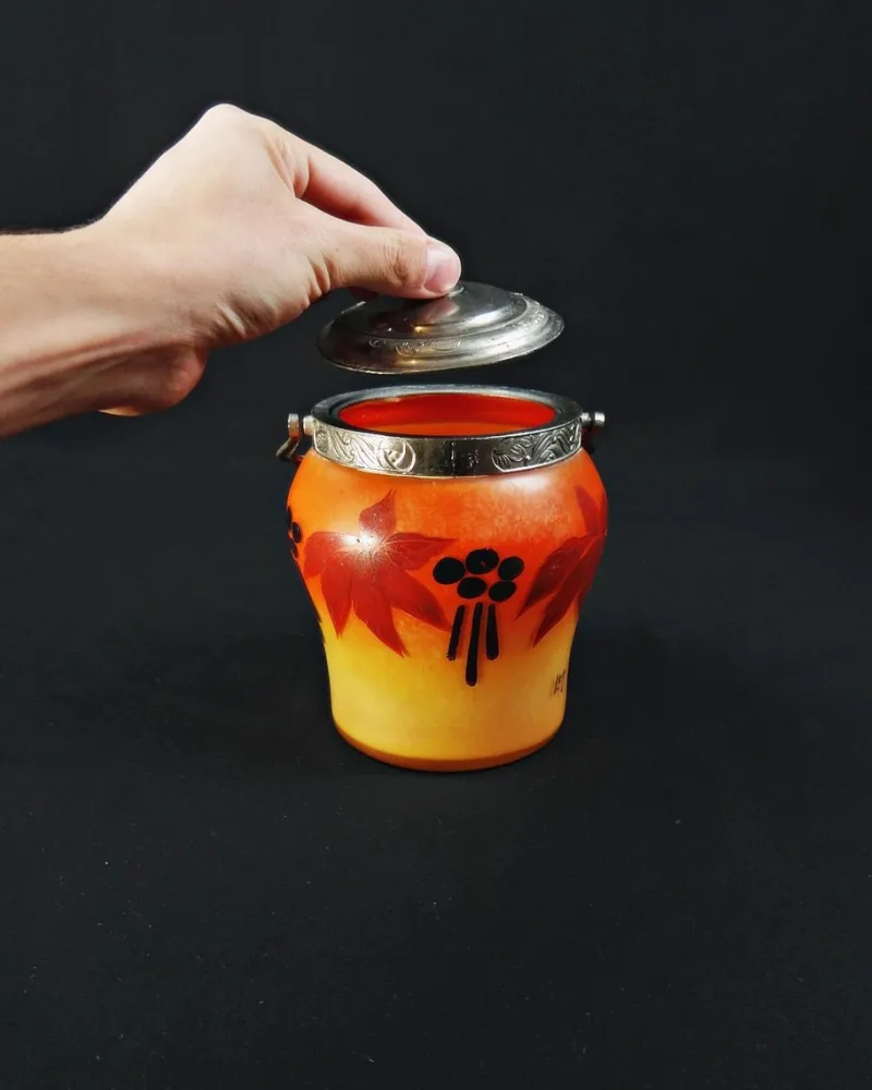 Clearance Pamono Art Deco Enameled and Painted Glass Biscuit Bucket from Legras-Montjoye, 1920