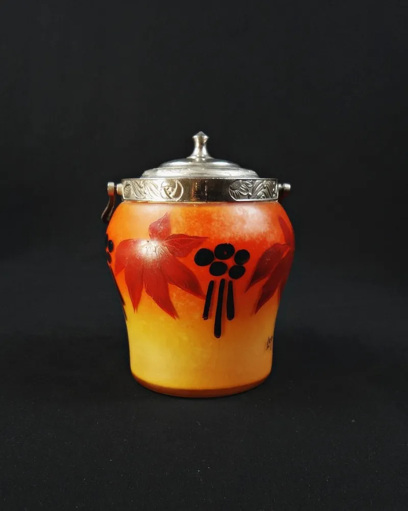 Clearance Pamono Art Deco Enameled and Painted Glass Biscuit Bucket from Legras-Montjoye, 1920