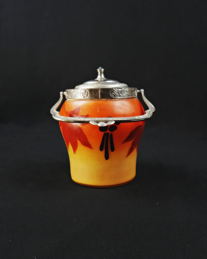 Clearance Pamono Art Deco Enameled and Painted Glass Biscuit Bucket from Legras-Montjoye, 1920