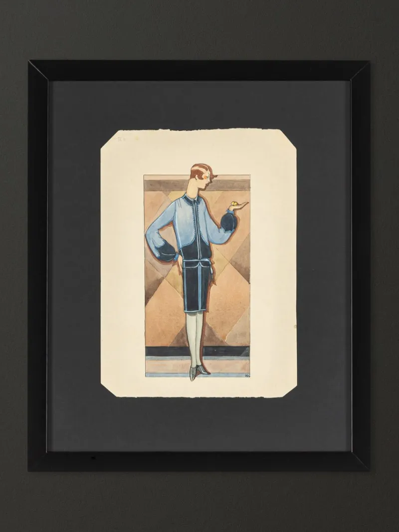 Online Pamono Art Deco Fashion Drawing, Gouache on Paper, Framed