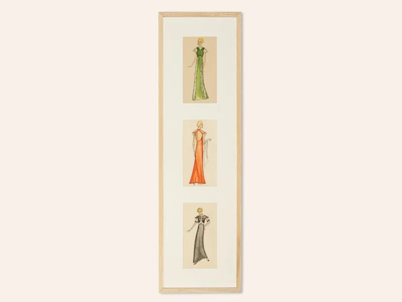 Pamono Art Deco Fashion Drawings IV, 1920s, Gouache on Paper, Framed, Set of 3> Art Deco
