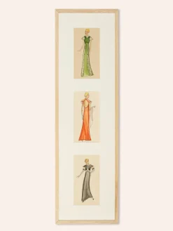 Pamono Art Deco Fashion Drawings IV, 1920s, Gouache on Paper, Framed, Set of 3> Art Deco
