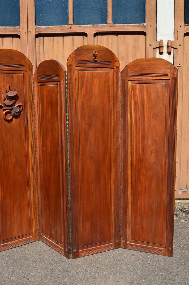 Pamono Art Deco Folding Screen with 7 Sculpted Panels, 1940s> Room Dividers & Screens