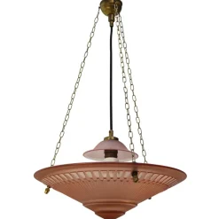 Pamono Art Deco French Brass and Etched Red Pink Glass Pendant Light, 1920s