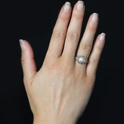 Pamono Art Deco French Cultured Pearl Diamonds Platinum Domed Ring, 1920s> Rings