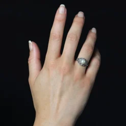 Pamono Art Deco French Cultured Pearl Diamonds Platinum Domed Ring, 1920s><noscript><img width=