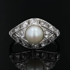 Pamono Art Deco French Cultured Pearl Diamonds Platinum Domed Ring, 1920s><noscript><img width=