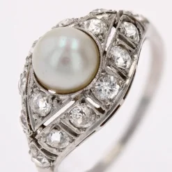 Pamono Art Deco French Cultured Pearl Diamonds Platinum Domed Ring, 1920s><noscript><img width=