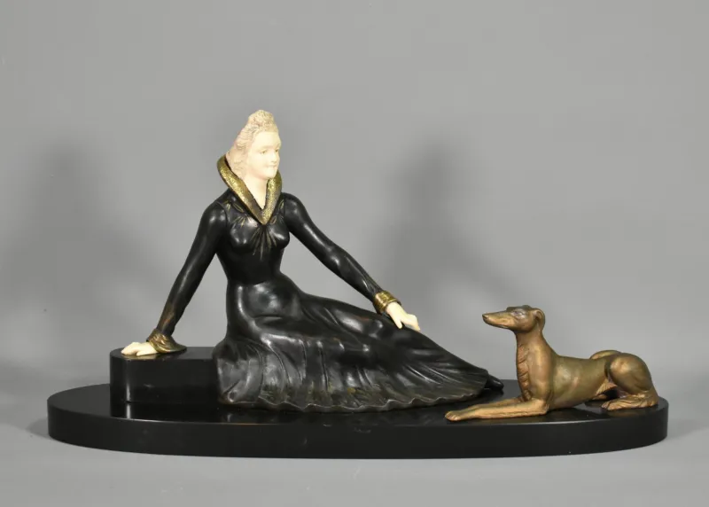 Pamono Art Deco French Metal & Marble Sculpture by Salvatore Melani, 1920s> Art Deco|Sculpture