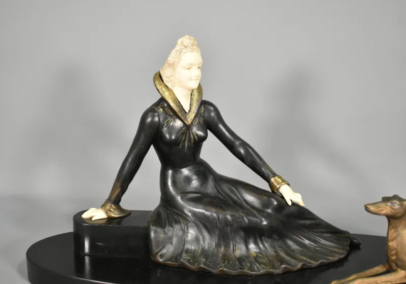 Pamono Art Deco French Metal & Marble Sculpture by Salvatore Melani, 1920s> Art Deco|Sculpture