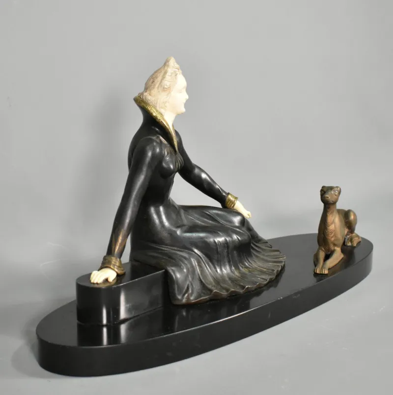 Pamono Art Deco French Metal & Marble Sculpture by Salvatore Melani, 1920s> Art Deco|Sculpture