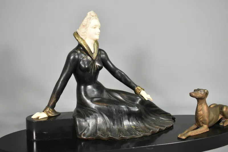 Pamono Art Deco French Metal & Marble Sculpture by Salvatore Melani, 1920s> Art Deco|Sculpture