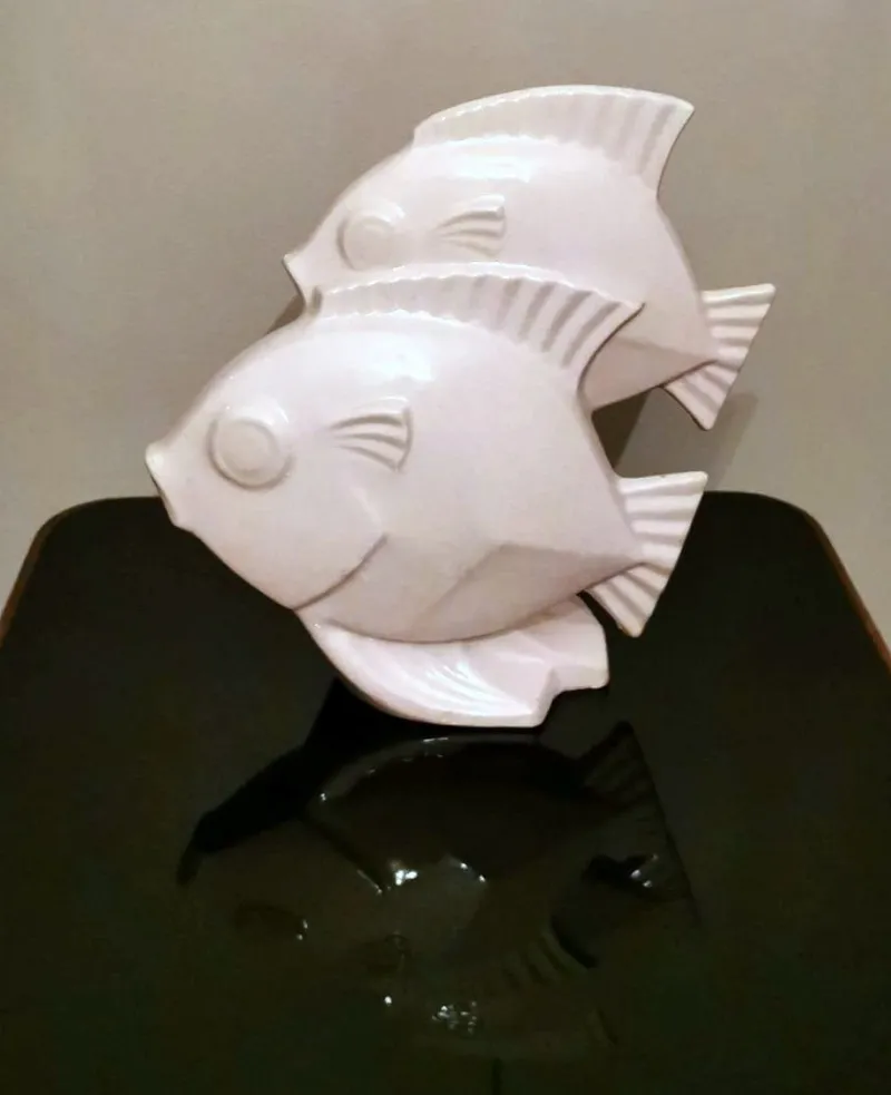 Hot Pamono Art Deco French Sculpture of Two Fish in Craquelé Porcelain