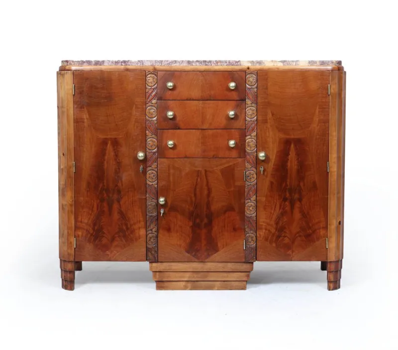 Pamono Art Deco French Walnut Sideboard with Marble Top, 1930s> Sideboards & Buffets